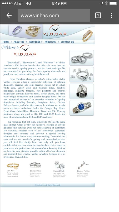 Vinhas Jewelers Mobile Website Review 1210-vinhas-home-page-2