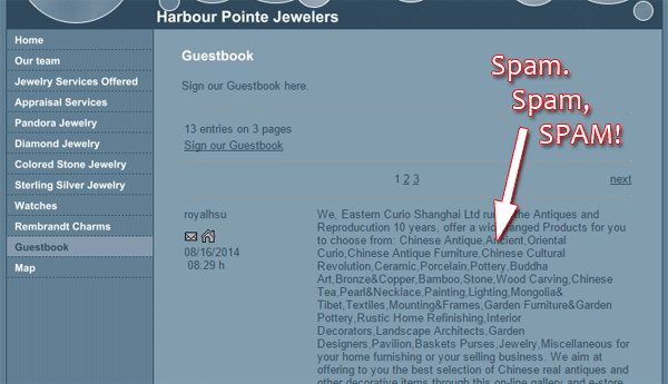 Harbour Pointe Jewelers Website Flop Fix 1385-guestbok-spam-45