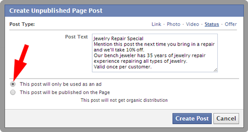 Imagining Possibilities With Facebook Retargeting and Dark Posts 3134-1052-dark-post-status