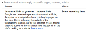 Screen shot of Google Manual Action with partial penalty Screen shot of Google Manual Action with partial penalty