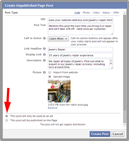 Imagining Possibilities With Facebook Retargeting and Dark Posts 456-1052-dark-post-link