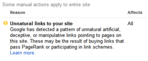 Screen shot of Google Manual Action with complete website penalty Screen shot of Google Manual Action with complete website penalty